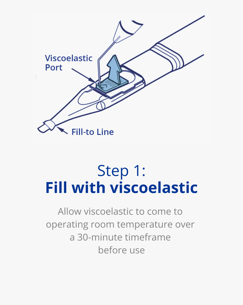 Illustration of the first step in UltraSert device implant preparation. A blue arrow points towards the Viscoelastic Port where UltraSert is being filled with a viscoelastic. A second blue arrow with text that reads “Fill-to Line” points towards the tip of the device.