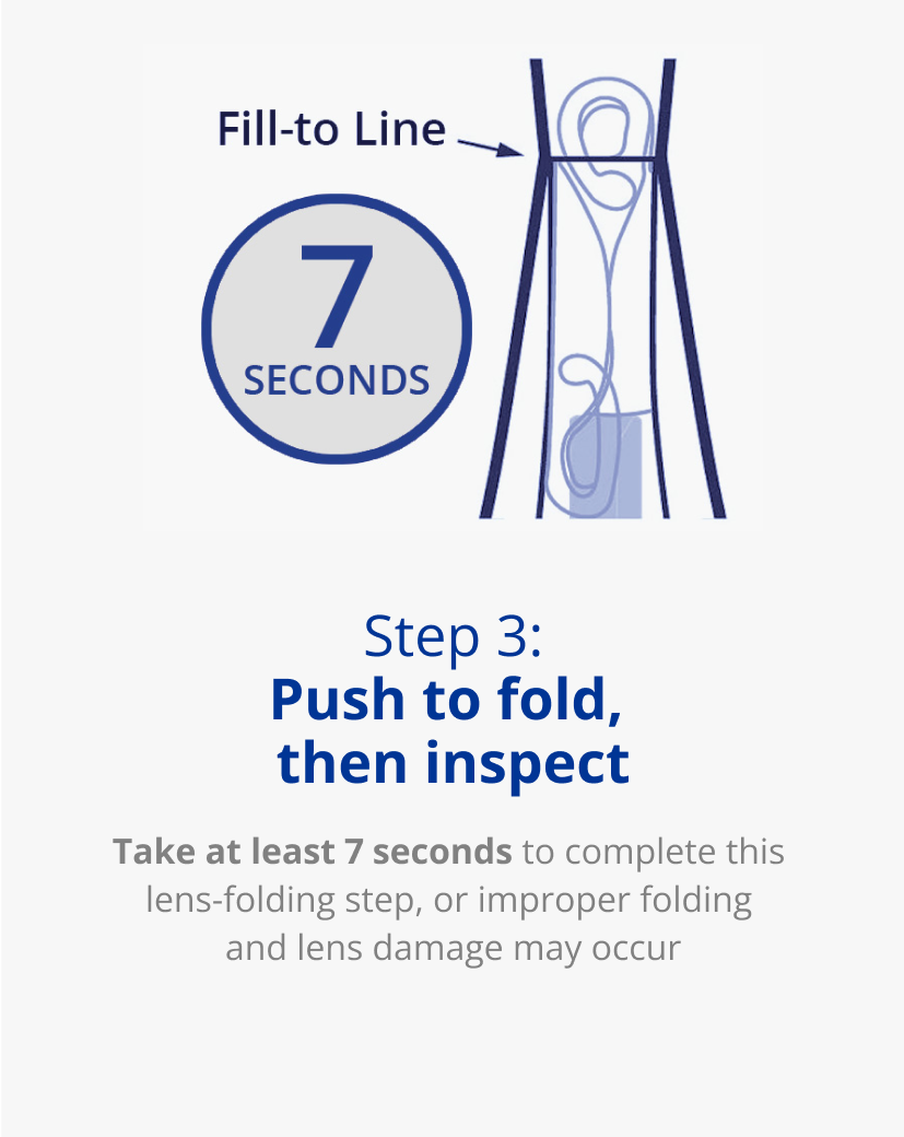 Illustration of the third step in UltraSert device implant preparation. Push to fold, then inspect. A blue arrow points towards the device with text that reads “Fill-to Line.” A large blue circle with text that reads “7 seconds” sits to the left of the UltraSert Preloaded Delivery System to highlight that it takes at least 7 seconds to complete this lens-folding step.