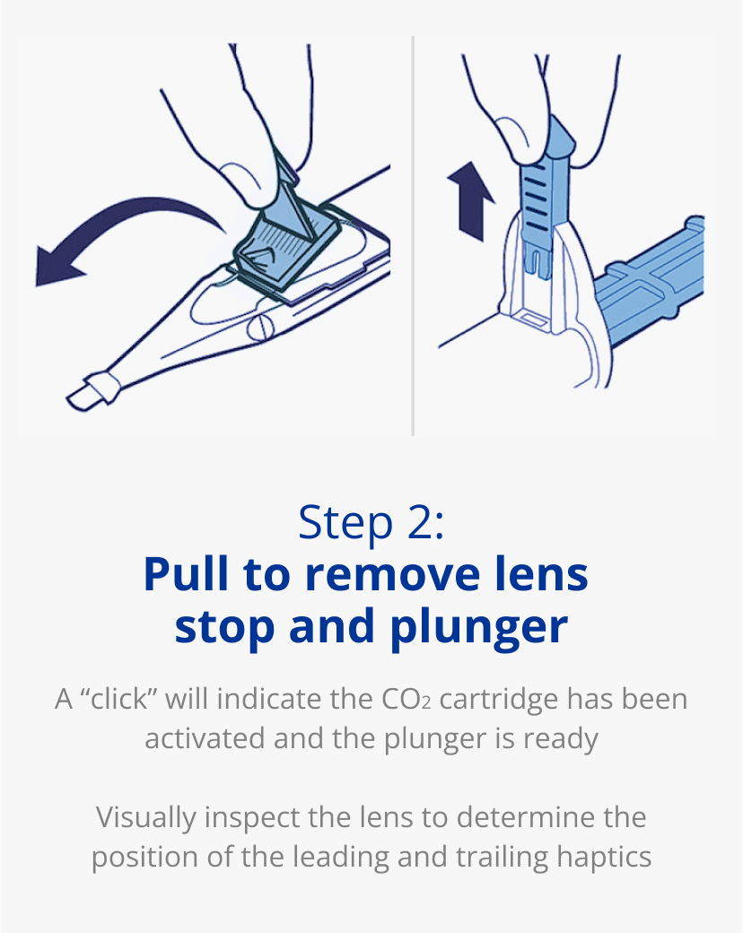 Two illustrations of the second step in UltraSert device implant preparation. The left image has a hand pulling out the lens stop from an UltraSert device. The right image has a hand pulling out the plunger from an UltraSert device.