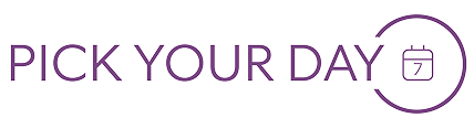 Logo with the words ‘PICK YOUR DAY’ in purple text, followed by a circular calendar icon with the number 7 inside