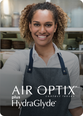 Chef cooking and Air Optix plus HydraGlyde logo