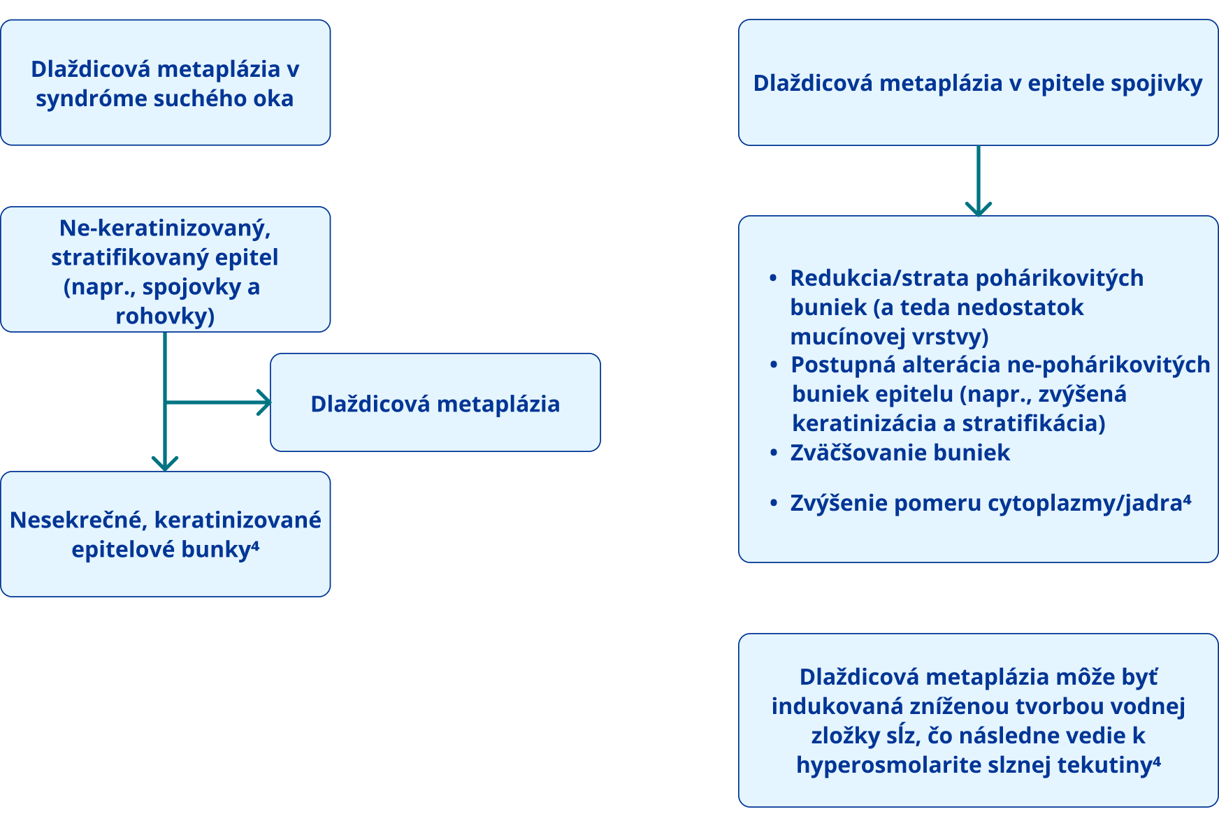 Diagram zobrazujúci proces dlaždicovej metaplázie pri syndróme suchého oka. Na ľavej strane je zobrazený prechod z nekeratinizovaného stratifikovaného epitelu (napr. spojivky a rohovky) na nesekrečné keratinizované epiteliálne bunky. Na pravej strane sú zdôraznené zmeny v epiteli spojivky, vrátane straty pohárikovitých buniek, zvýšenej keratinizácie, zväčšovania buniek a zvýšenia pomeru cytoplazmy k jadru. Na spodku je uvedená úloha zníženej tvorby vodnej zložky sĺz a hyperosmolarity pri indukcii dlaždicovej metaplázie.