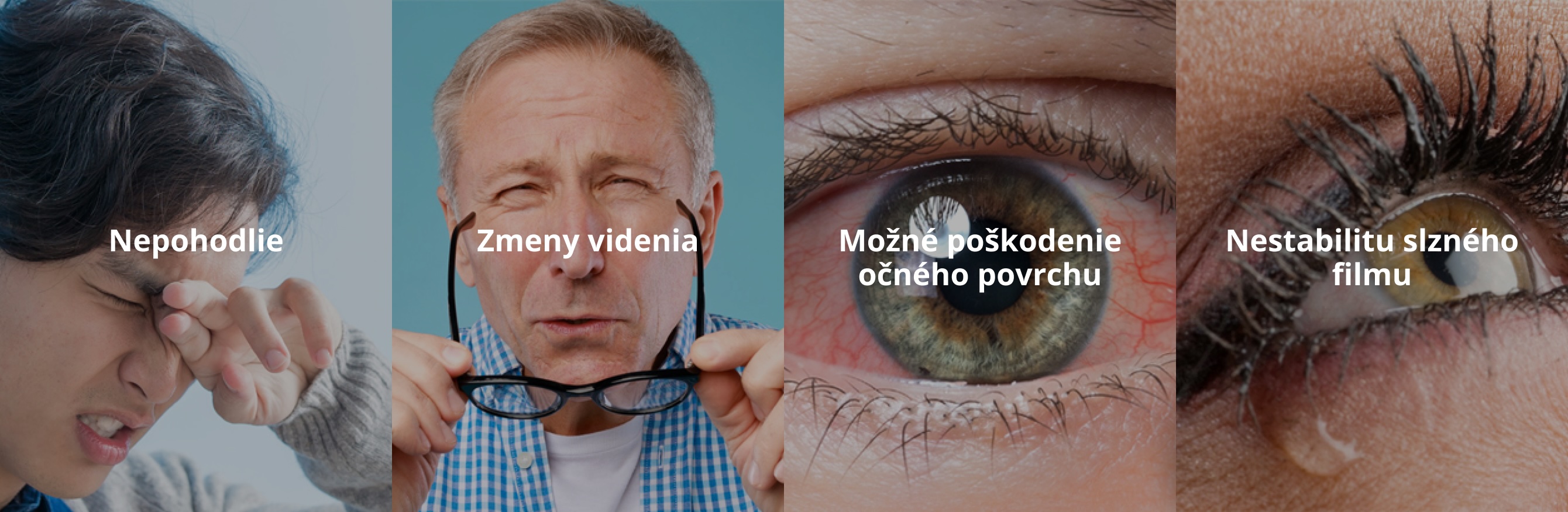 Koláž očných problémov: nepohodlie, zmeny videnia, poškodenie povrchu a nestabilita slzného filmu
