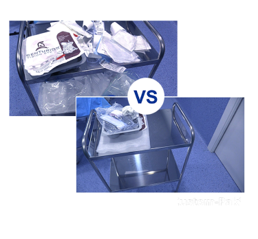 Two images divided by blue text that reads “VS” to show a comparison. The first image shows a surgical cart filled with discarded packaging from standalone products. The second image shows a surgical cart with much less packaging after Custom-Pak® has been used.