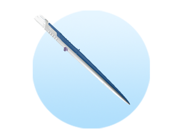 Disposable surgical scalpel on a pale blue circle background.