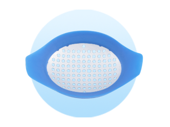 Plastic eye shield on a pale blue circle background.