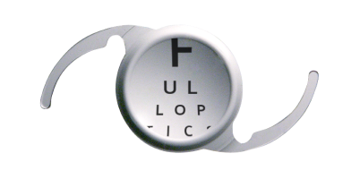 Close up of an Tecnis 1-piece IOL with letters behind it, showing limited use of the 4.9 mm aspheric optic.