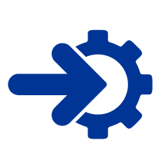 A blue icon of an arrow pointing at a gear