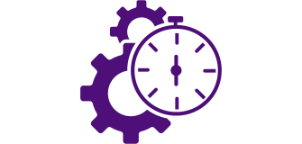 Dark purple icon of two gears behind a stopwatch.