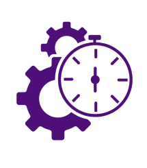 Dark purple icon of two gears behind a stopwatch.