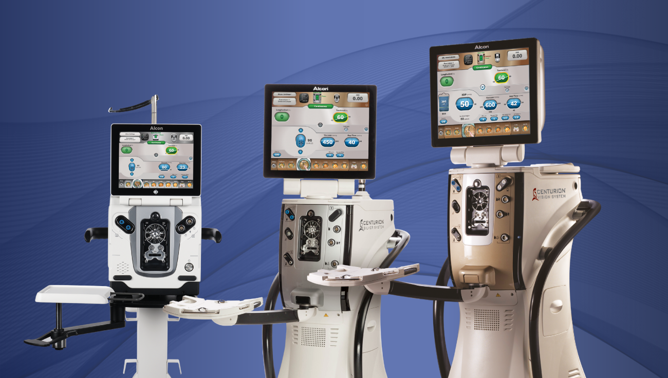 An image of the Legion System, the CENTURION Silver System and the CENTURION Vision System with ACTIVE SENTRY Handpiece. The three systems appear side by side on a blue background.