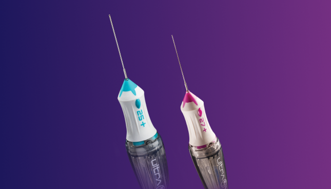 An image of the 25+ Gauge and 27+ Gauge Advanced ULTRAVIT Beveled High Speed Probes side by side. The devices appear on a purple background.