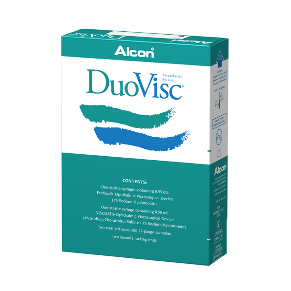 Alcon’s DuoVisc OVD product box. This product contains 0.50 ml of Viscoat and 0.55 ml of ProVisc.