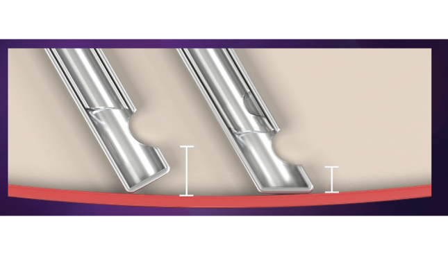 An image of two probe tips, one beveled and the other flat. The image illustrates that the beveled tip allows for closer proximity to the retina.