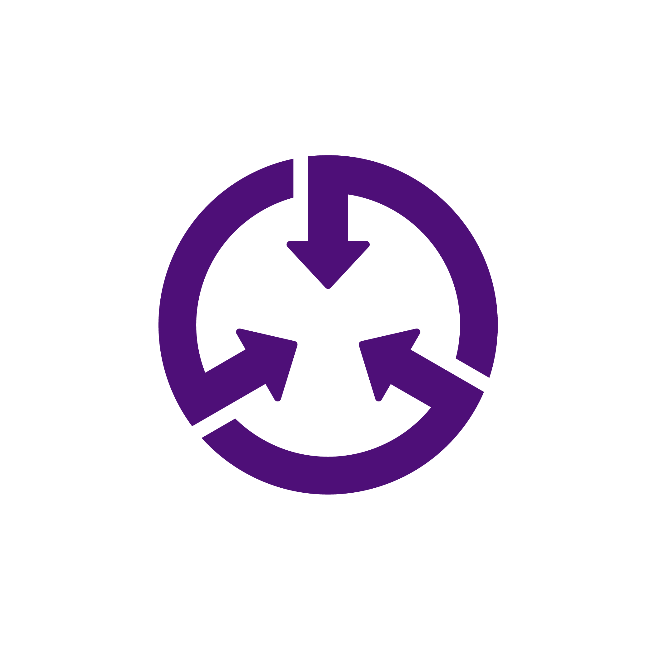 A dark purple icon of a circle consisting of three arrows pointing inward