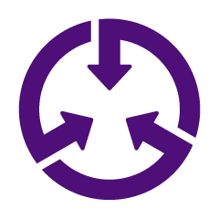 A dark purple icon of a circle consisting of three arrows pointing inward