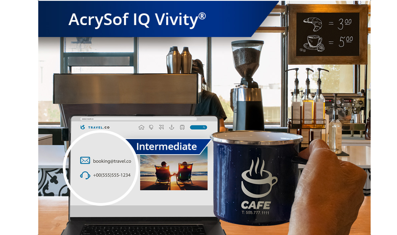 Clear image of a coffee shop with a view from the counter of coffee machines and other ingredients. A laptop is open on the countertop and an individual’s hand holds up a coffee mug to the right of the laptop screen. White text at the top left corner of this image reads “AcrySof IQ Vivity.”