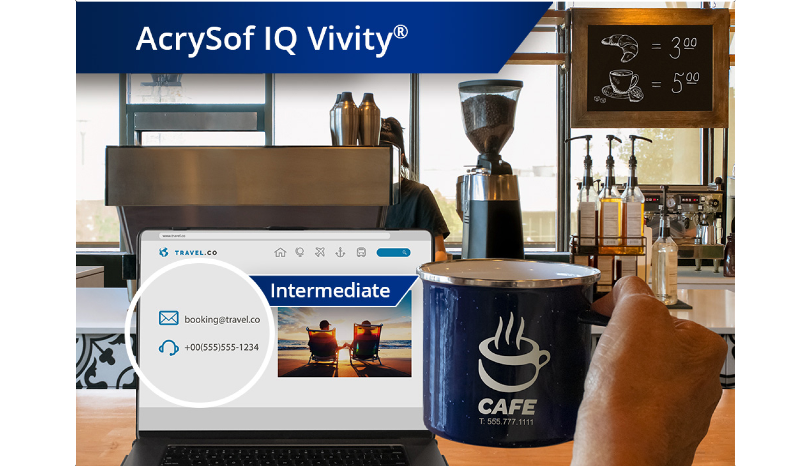 Clear image of a coffee shop with a view from the counter of coffee machines and other ingredients. A laptop is open on the countertop and an individual’s hand holds up a coffee mug to the right of the laptop screen. White text at the top left corner of this image reads “AcrySof IQ Vivity.”