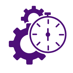 A purple icon of two gears behind a stopwatch.