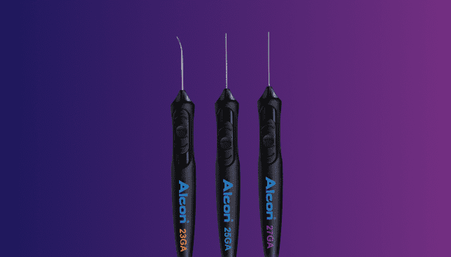 An image of the 23 Gauge, 25 Gauge, and 27 Gauge VEKTOR Articulating Illuminated Laser Probes. The three devices appear side by side on a purple background.