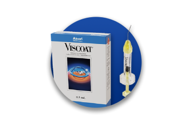 Alcon’s Viscoat OVD product and product box on a blue circle background.