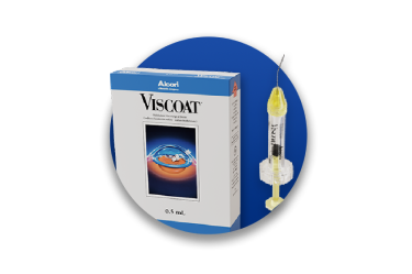 Alcon’s Viscoat OVD product and product box on a blue circle background.