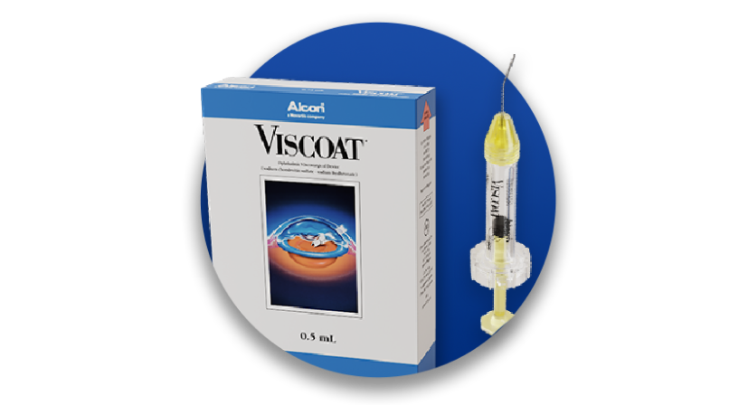 Alcon’s Viscoat OVD product and product box on a blue circle background.
