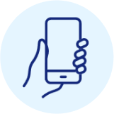 Blue icon showing a hand holding a cell phone on a pale blue background.