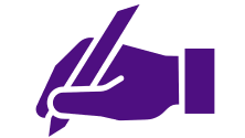 Dark purple icon of a hand holding a pen in a writing position.