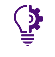 Dark purple icon split into half a light bulb and half a gear.