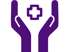 Dark purple icon of open hands with a medical logo between the palms.