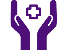 Dark purple icon of open hands with a medical logo between the palms.