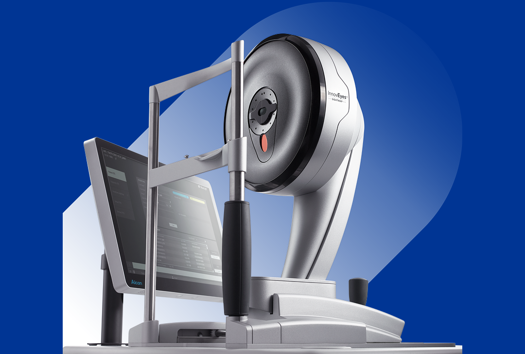 A grey and black medical device appears over a dark blue background. The device includes a screen to display information and a chin rest for a patient to rest their face while they look into the device. The words “Sightmap” appear on the side of the machine.  