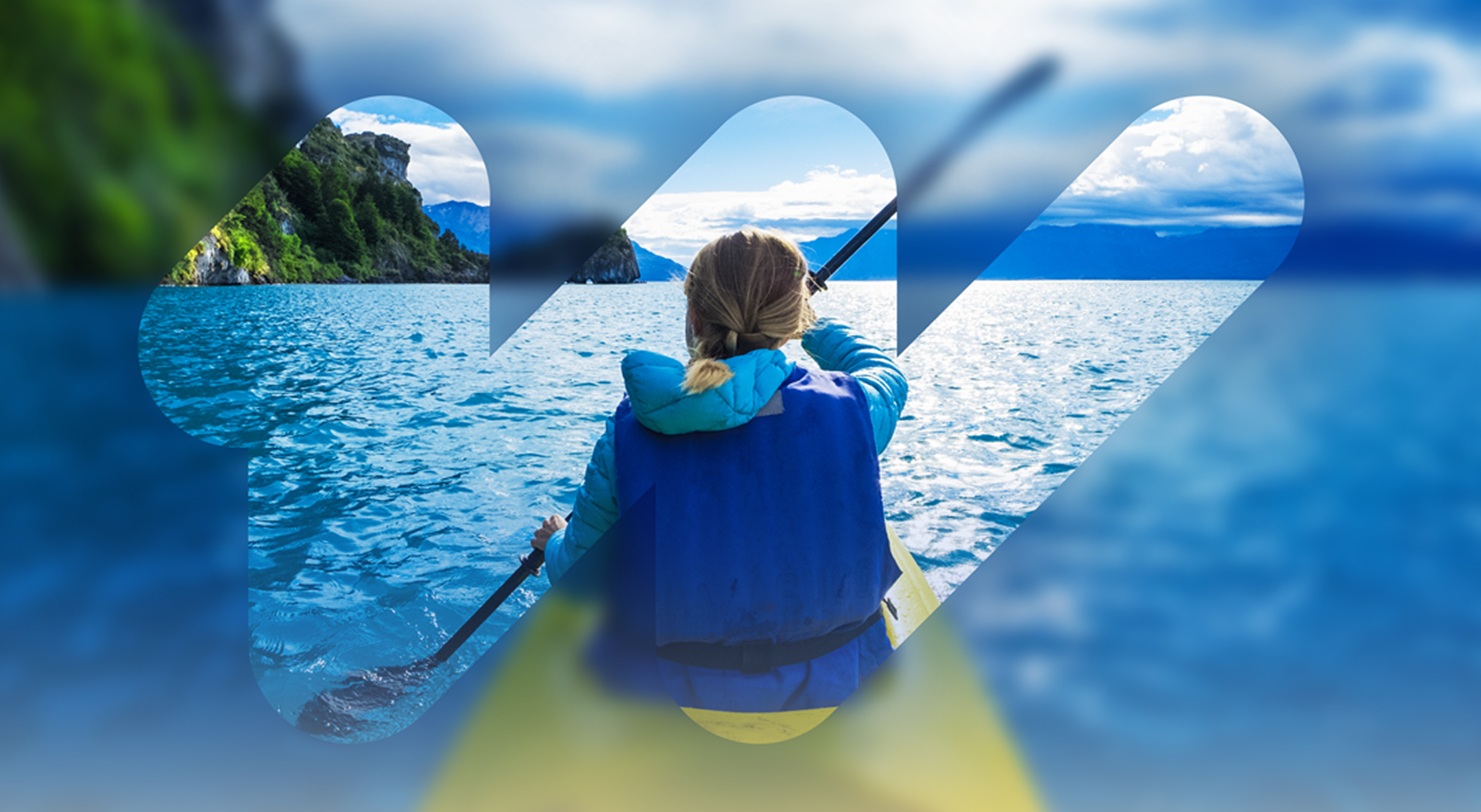 A woman in a blue lifejacket paddles a yellow kayak in the sea. The water is blue and a green mountainous hill appears to her left. The kayaker is overlaid with the wavelight® logo.