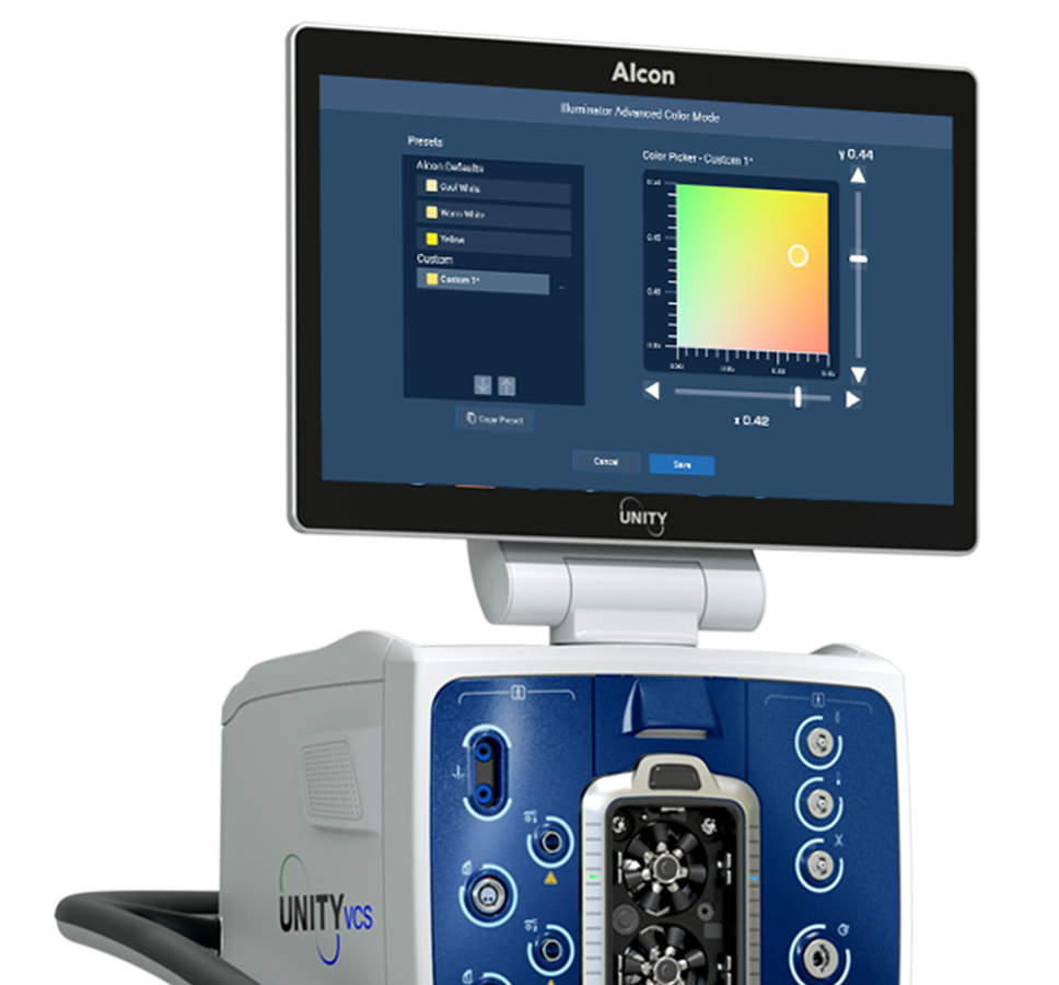 Alcon UNITY VCS surgical system with monitor displaying advanced color mode settings on a dark blue background.