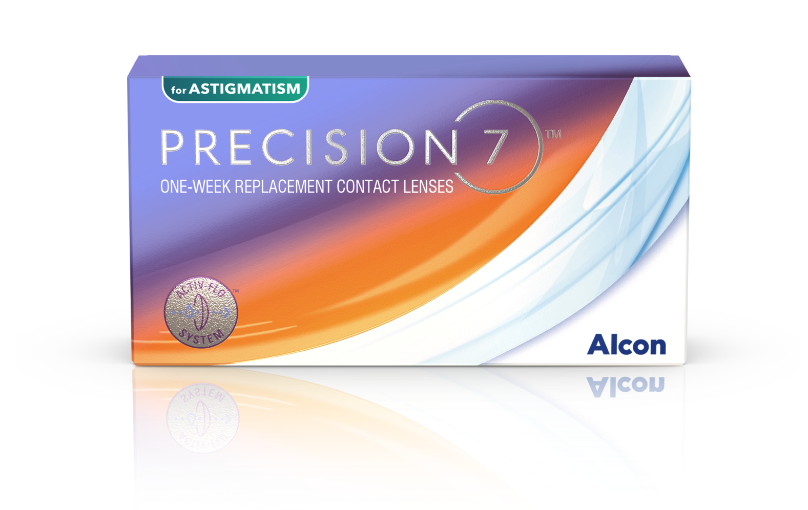 Box of Alcon PRECISION7 for Astigmatism weekly contact lenses with ACTIV-FLO system