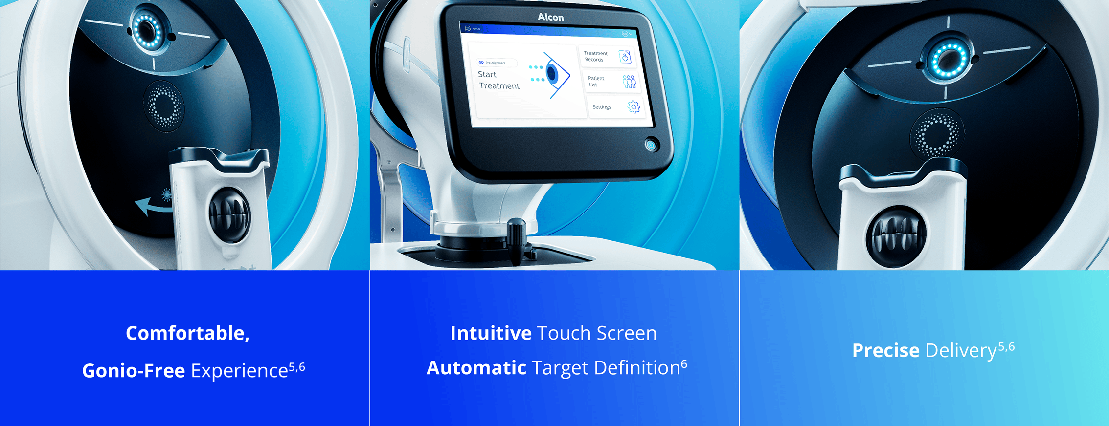 Three-panel image of the DSLT glaucoma treatment device. Left and right panels show the front of the machine with a circular lens and chin rest. Center panel shows the touchscreen interface with options like 'Start Treatment,' 'Patient List,' and 'Settings.' Text overlays read: 'Comfortable, Gonio-Free Experience,' 'Intuitive Touch Screen, Automatic Target Definition,' and 'Precise Delivery.'