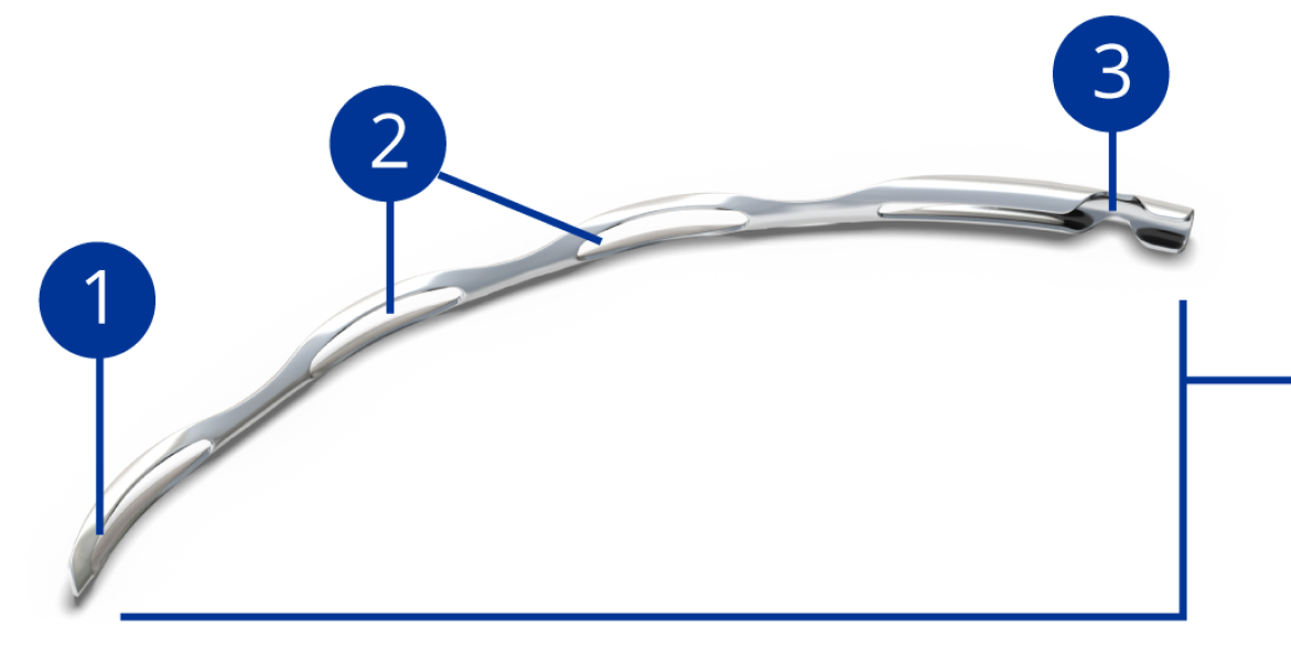 An image of the Hydrus Microstent device appears over a light-blue background. Numbers one through three appear over the image pointing to different locations on the device.