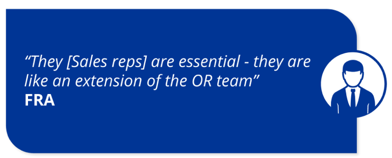 White text that reads “Sales reps, they are essential – they are like an extension of the OR team.” The quote is from an Alcon customer in France. The text appears on a dark blue curved rectangle background. A man in a suit icon sits on the right of the curved rectangle background.