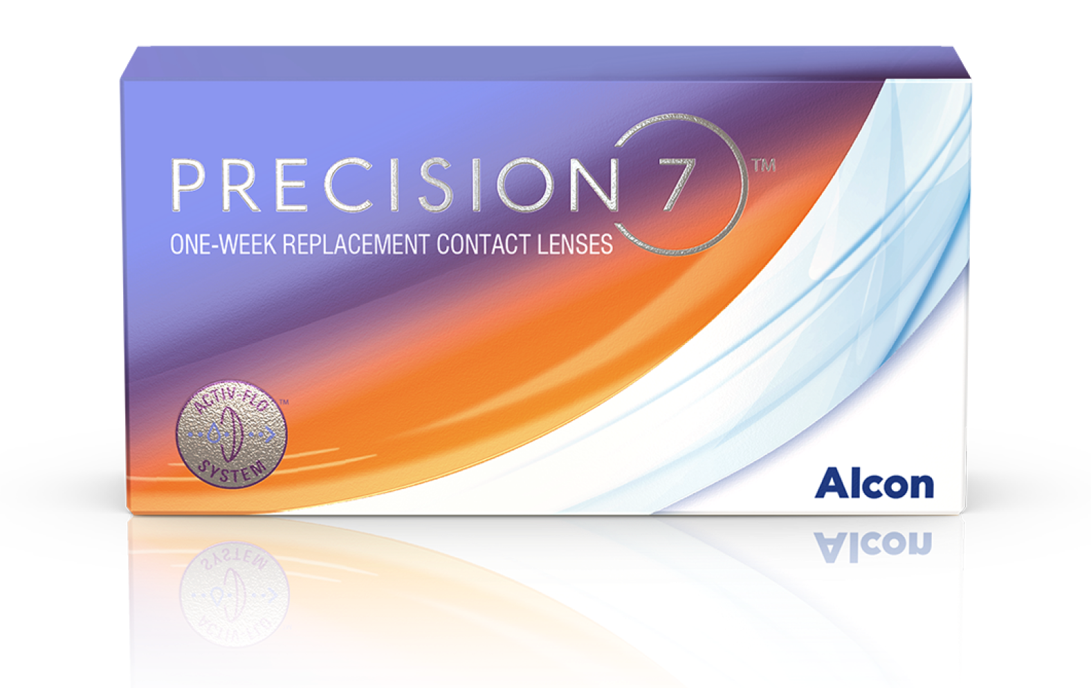Box of Alcon PRECISION7 weekly contact lenses with ACTIV-FLO system