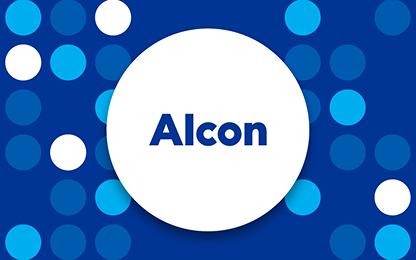 Alcon logo displayed in a white circle on a blue background with decorative circular patterns.