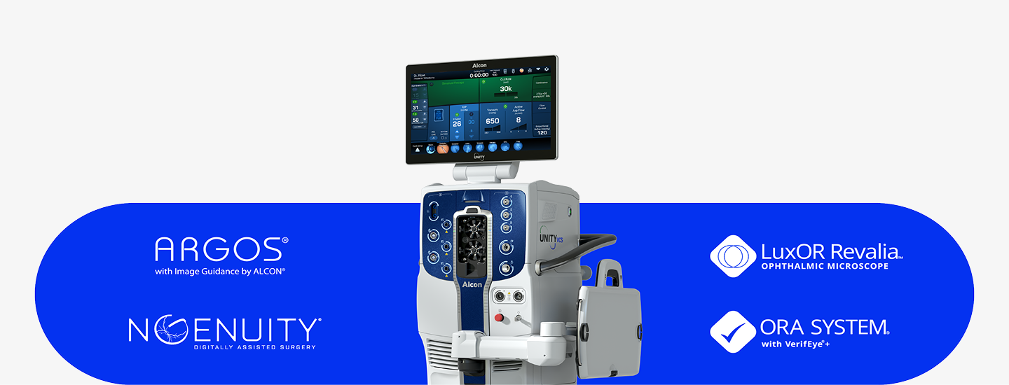 Alcon UNITY VCS surgical system with screen, shown alongside ARGOS, NGENUITY, LuxOR Revalia, and ORA SYSTEM logos
