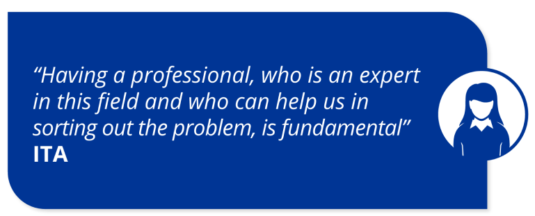 White text that reads “Having a professional, who is an expert in this field and who can help us in sorting out the problem, is fundamental.” The quote is from an Alcon customer in Italy. The text appears on a dark blue curved rectangle background. A woman in a suit icon sits on the right of the curved rectangle background.