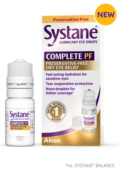 New Systane Complete Preservative-free Lubricating Eye Drops multi-dose bottle and product box