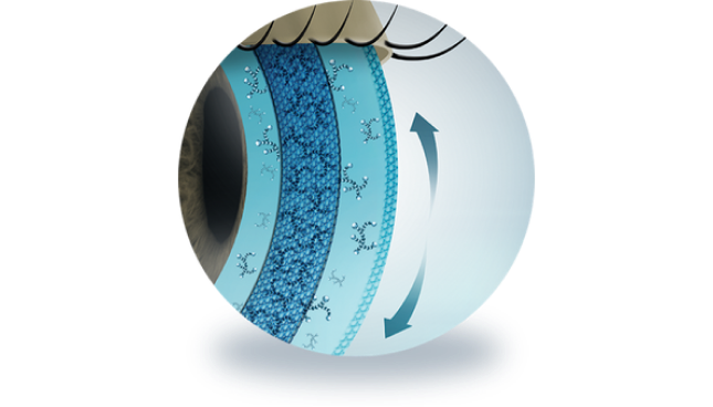 Ilustración de un globo ocular con capas internas representadas en tonos azules y flechas que indican el movimiento o flujo dentro de las capas.