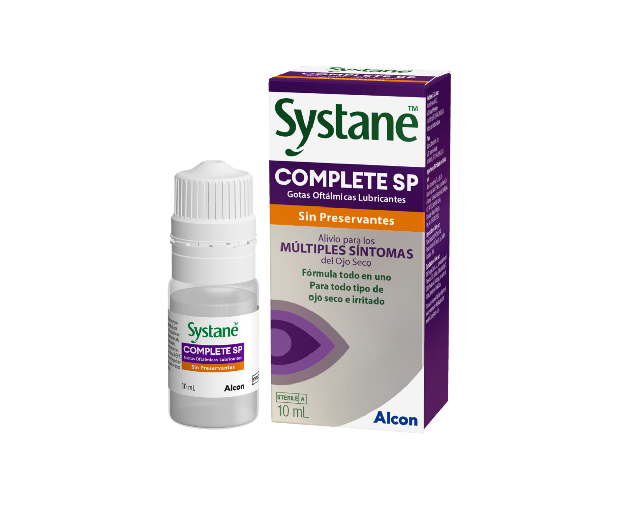 Caja y frasco de Systane Complete SP gotas oftálmicas lubricantes sin conservantes, 10 ml, para alivio de múltiples síntomas del ojo seco